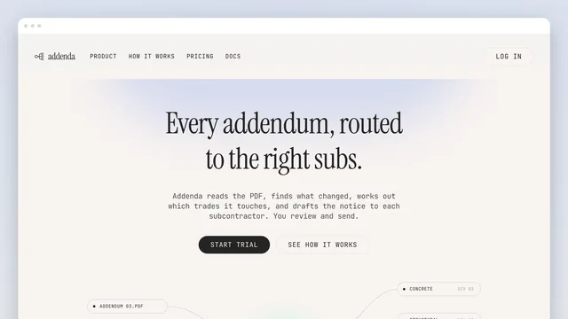 The Addenda home page in a browser window: a light header with the addenda wordmark, Product, How it works, Pricing, Docs and Log in, the serif headline "Every addendum, routed to the right subs.", its subcopy about reading the PDF and drafting the notice, Start trial and See how it works buttons, and the top of a routing diagram beginning below