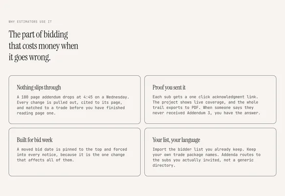 The Why estimators use it section: "The part of bidding that costs money when it goes wrong." and four reason cards — Nothing slips through, Proof you sent it, Built for bid week, Your list, your language — each with a paragraph