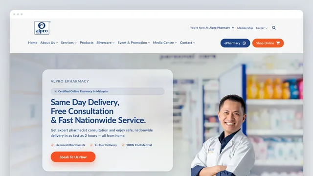 The Alpro ePharmacy page in a browser window: the navy nav with ePharmacy and Shop Online buttons, and a hero over a pharmacy aisle — "Same Day Delivery, Free Consultation & Fast Nationwide Service", a pharmacist in a white coat, and a "Speak To Us Now" button