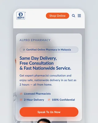 The ePharmacy page on a phone: "Certified Online Pharmacy in Malaysia", the same-day delivery headline, three ticks — Licensed Pharmacists, 2-Hour Delivery, 100% Confidential — and a "Speak To Us Now" button