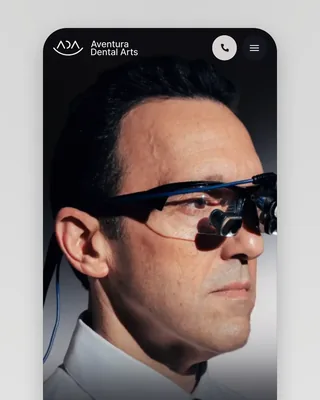 The Technology page on a phone: a portrait of a dentist in loupes and "Advanced Technology" in serif over it