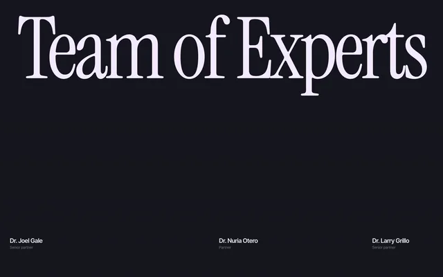 "Team of Experts" set very large in serif on the dark ground, with three names along the bottom — Dr. Joel Gale, Dr. Nuria Otero, Dr. Larry Grillo