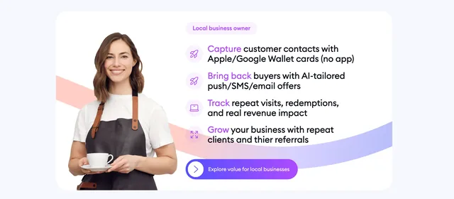 The local business owner card: a woman in an apron holding a coffee cup beside four points — capture customer contacts with Apple/Google Wallet cards, bring back buyers with AI-tailored offers, track repeat visits and real revenue impact, grow with repeat clients and referrals