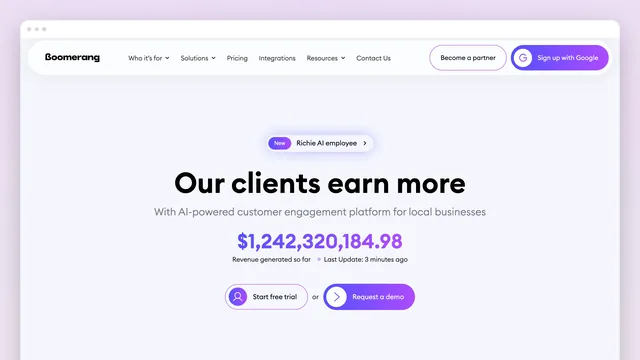The Boomerangme home page in a browser window — "Our clients earn more" above a running total of revenue generated through the platform, and two pill buttons, Start free trial and Request a demo