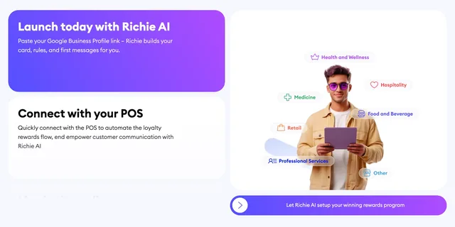 Two steps of the how-it-works flow — "Launch today with Richie AI" on a purple card and "Connect with your POS" below it — beside a man holding a tablet, ringed by industry chips: Health and Wellness, Medicine, Hospitality, Retail, Food and Beverage, Professional Services