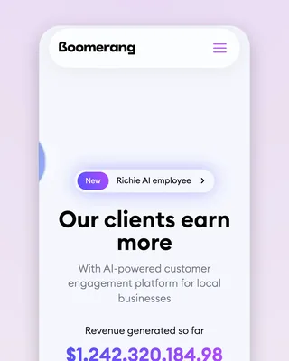 The Boomerangme home page on a phone: the Richie AI employee badge, "Our clients earn more", and the revenue counter