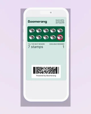 A Boomerang punch card in a phone’s wallet: ten coffee-cup stamps, "Till the next reward: 7 stamps", "Available rewards: 1", and a barcode