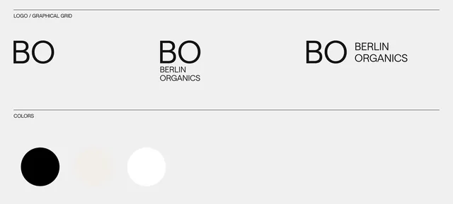 "LOGO / GRAPHICAL GRID": the BO mark in three lockups, then "COLORS": three discs — black, off-white, white
