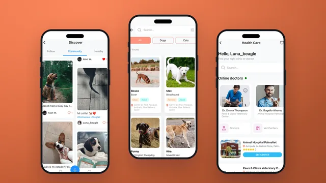 Three iPhones on a Colitas-orange ground: the adoption grid (All / Dogs / Cats — Bosco the boxer, Max the bloodhound, Funny, Kira), the Discover community feed of dog photographs with likes, and Health Care — "Hello, Luna_beagle", online doctors, Dr. Emma Thompson and Dr. Rogelio Alvarez, Animal Hospital PalmaVet