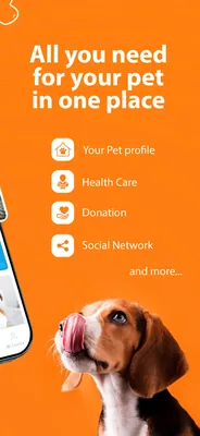The listing's second panel: "All you need for your pet in one place" over a list — Your Pet profile, Health Care, Donation, Social Network, and more… — with a beagle licking its nose at the bottom