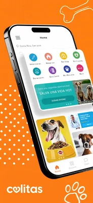The listing's first panel: a phone tilted on the orange ground showing the home screen — Costa Rica, San José; a grid of Veterinarias, Adopción, Pet Shop, Pet Friendly, Donaciones, Quiz Game, Mis Mascotas, More; a teal "Salva una vida hoy — Donar ahora" banner; product and vet cards — with the colitas wordmark and a paw print in the corners