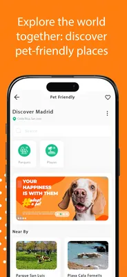 The listing's last panel: "Explore the world together: discover pet-friendly places" over a phone showing Pet Friendly — Discover Madrid, Parques and Playas chips, an "#adopt a pet" banner with a beagle, and Near By cards for Parque San Luis and Playa Cala Fornells