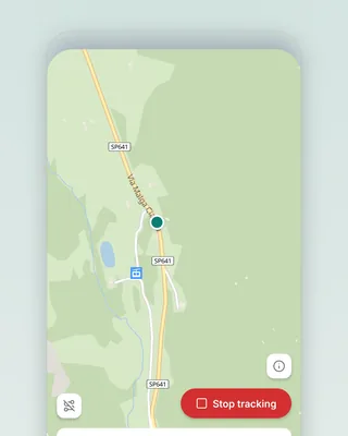 The Colota dashboard on a phone: a pale green map of a valley road, SP641, with a teal position dot, a red Stop tracking button and a small offline icon