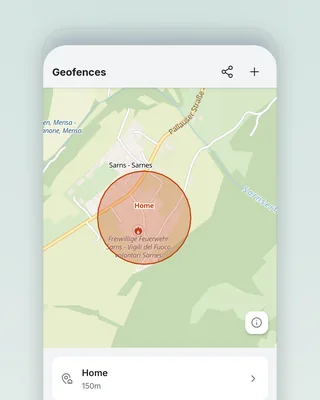 Geofences on a phone: a map of Sarns · Sarnes with a translucent red circle labelled Home, and a card below — Home, 150m