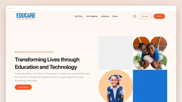 The Educare Haiti home page in a browser window: a warm cream ground, "Empowering Tomorrow's Innovators — Transforming Lives through Education and Technology", an orange Learn More button, and a collage of photographs of students in circles and a blue block