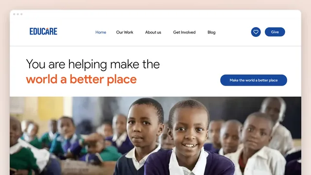 The Educare Now home page in a browser window: the blue EDUCARE wordmark, "You are helping make the world a better place" with the second line in orange, a blue Make the world a better place button, and a photograph of schoolchildren in purple uniforms
