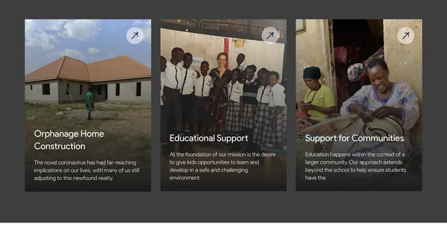 Three dark photo cards with arrow links — Orphanage Home Construction, Educational Support, Support for Communities — each with a short paragraph