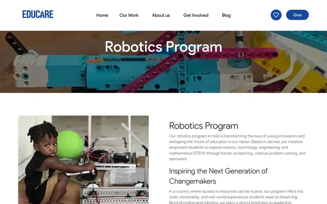 The Robotics Program page: a full-width photograph of a robot chassis under "Robotics Program", then a child at a table with a green balloon and a robot, beside "Inspiring the Next Generation of Changemakers"