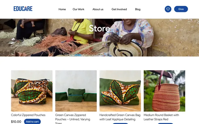 The Store page: a photograph of hands weaving under "Store", then four products — Colorful Zippered Pouches $10.00, Green Canvas Zippered Pouches, a Handcrafted Green Canvas Bag with Leaf Applique, a Medium Round Basket with Leather Straps