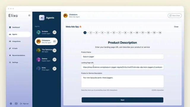 The Elixo app in a browser window: the agent sidebar with Scriptor, Clickstorm, The Optimizer, Serena and Echo, and step one of Meta Ads Spy — Product Description, with a product name, landing page URL and description filled in