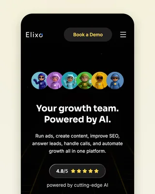 The Elixo home page on a phone: the six avatars, "Your growth team. Powered by AI." and the 4.8/5 rating pill on black
