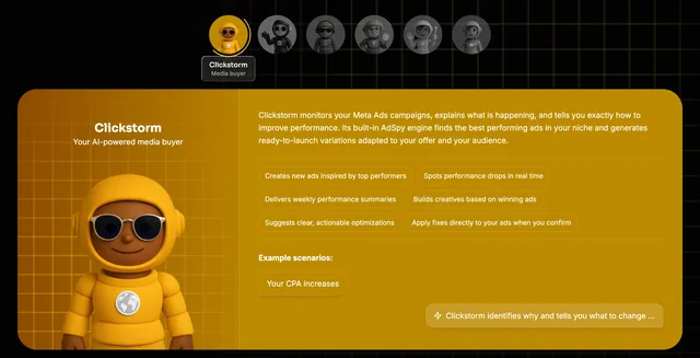 The "Meet Your AI Growth Team" section: six agent avatars in a row with Clickstorm selected, and below it the gold Clickstorm card — "Your AI-powered media buyer", the astronaut character, and chips such as "Creates new ads inspired by top performers" and "Spots performance drops in real time"