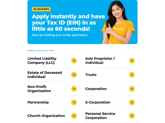 The "Apply Instantly" block — a "60 SECONDS" tag over the headline — and beneath it "Choose your entity type": ten rows with yellow arrow buttons, from Limited Liability Company (LLC) and Sole Proprietor / Individual to Church Organization and Personal Service Corporation