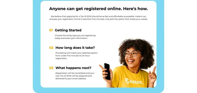 "Anyone can get registered online. Here's how." — three numbered steps, Getting Started, How long does it take?, What happens next?, beside a photograph of a woman in a yellow Instant t-shirt holding a phone
