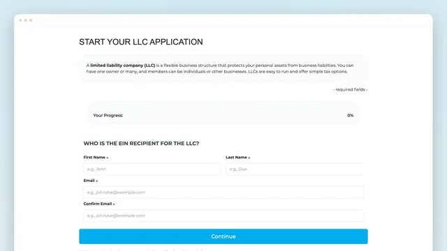 "Start your LLC application" in a browser window: a note on what an LLC is, a progress bar at 0%, "Who is the EIN recipient for the LLC?", four fields and a blue Continue button