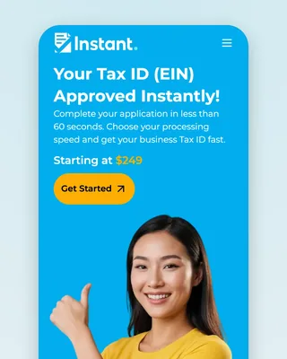 The Instant Tax ID home page on a phone: the blue hero, "Your Tax ID (EIN) Approved Instantly!", "Starting at $249" and the yellow Get Started button