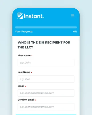 The LLC application on a phone: a "Your Progress: 0%" bar, "Who is the EIN recipient for the LLC?", and First Name, Last Name, Email and Confirm Email fields