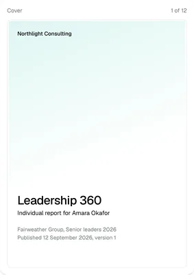Page 1 of 12 of the sample report: a Cover page reading Northlight Consulting, Leadership 360, Individual report for Amara Okafor, Fairweather Group, Senior leaders 2026, published 12 September 2026, version 1
