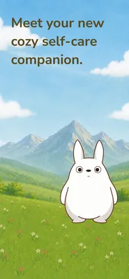 The listing's first panel: "Meet your new cozy self-care companion." over a painted mountain meadow with Koda, a round white forest spirit, standing in the grass