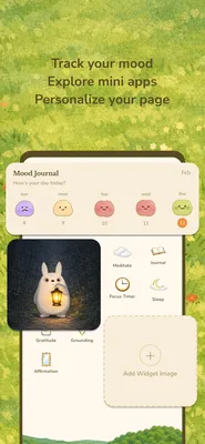 The listing's panel on the page: "Track your mood, Explore mini apps, Personalize your page" over a cream board on grass — a Mood Journal with a face per day, a picture of Koda holding a lantern in a dark forest, mini apps for Meditate, Journal, Focus Timer, Sleep, Gratitude, Grounding, Affirmation, and an Add Widget Image slot
