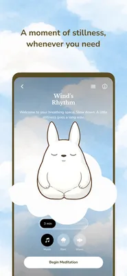 The listing's breathing panel: "A moment of stillness, whenever you need" over a phone in the clouds showing Wind's Rhythm — Koda meditating with eyes closed, 3 min / 10 min, Music, Rain and Wave toggles, and a Begin Meditation button