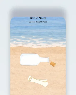 Bottle Notes on a phone: "Let your thoughts float", a painted beach with a corked bottle and a rolled note on the sand, My Bottles, and a black Start Writing button