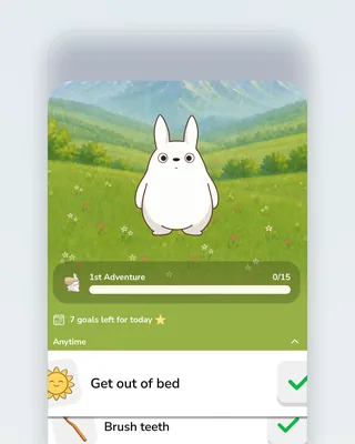 The Koda home screen on a phone: the white forest spirit in a painted meadow under mountains, "1st Adventure 0/15" progress, "7 goals left for today", then Anytime rituals — Get out of bed, Brush teeth, Wash my face, Name one small success — with green check marks