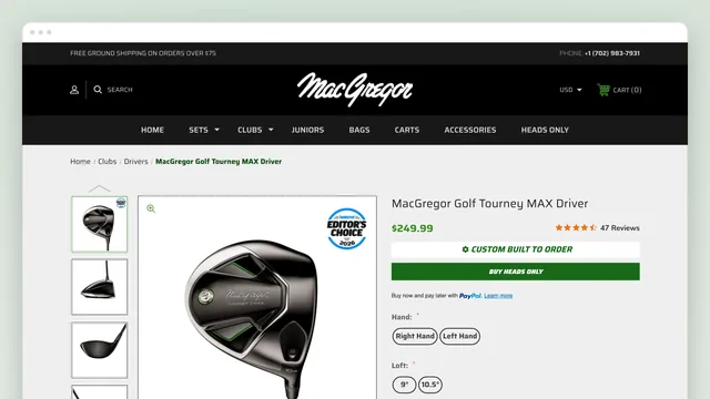The Tourney MAX Driver product page in a browser window: a breadcrumb, a thumbnail rail and the driver head with an Editor's Choice badge, $249.99 with 47 reviews, a green Buy Heads Only button, PayPal, and Loft and Flex option chips