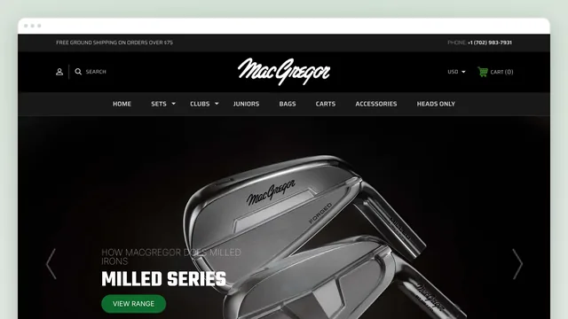 The MacGregor Golf home page in a browser window: the script wordmark over a black header with Sets, Clubs, Juniors, Bags, Carts, Accessories and Heads Only, and a hero slide — two milled irons on black, "HOW MACGREGOR DOES MILLED IRONS — MILLED SERIES", a green View Range button