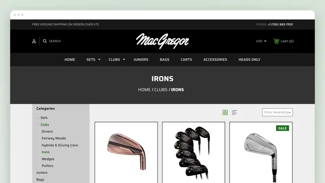 The Irons category in a browser window: a category tree on the left (Sets, Clubs — Drivers, Fairway Woods, Hybrids & Driving Irons, Irons, Wedges, Putters), and a grid of irons — MACSPD Brushed Bronze, Wizard Full Hybrid Iron Set, MT Milled Irons Chrome Satin