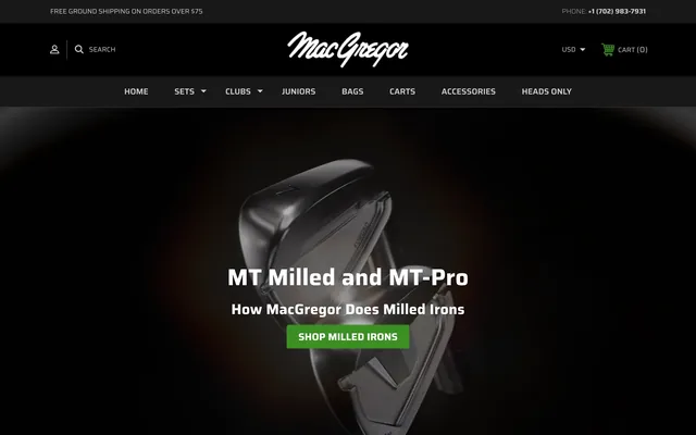 The MT Milled Irons landing page: a milled iron head on black, "MT Milled and MT-Pro — How MacGregor Does Milled Irons", a green Shop Milled Irons button