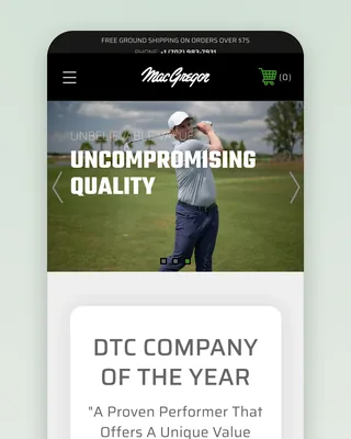 The home page on a phone: the wordmark and a green cart, a golfer mid-swing under "UNCOMPROMISING QUALITY", and the DTC Company of the Year card below