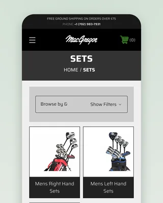 The Sets category on a phone: "SETS — HOME / SETS" on black, a Browse by & Show Filters bar, then Mens Right Hand Sets and Mens Left Hand Sets