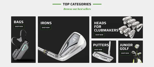 "TOP CATEGORIES — Browse our best sellers": five dark tiles with product photography — Bags, Irons, Heads for Clubmakers, Putters, Junior Golf — each with a Shop Now button