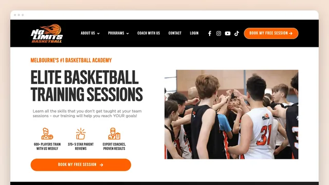 The Basketball Academy page in a browser window: "MELBOURNE'S #1 BASKETBALL ACADEMY — ELITE BASKETBALL TRAINING SESSIONS", three orange icons, a Book My Free Session button, and a photograph of a team huddle in black and orange