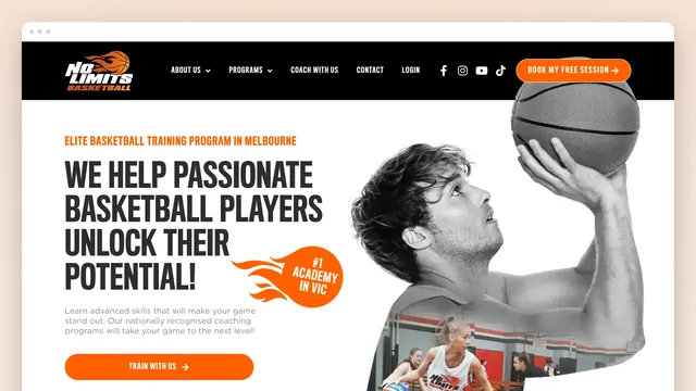 The No Limits Basketball home page in a browser window: a black header with the flaming-basketball logo and an orange Book My Free Session button; "WE HELP PASSIONATE BASKETBALL PLAYERS UNLOCK THEIR POTENTIAL!" in tall condensed caps beside a black-and-white photograph of a player at the top of a jump shot, cut out over the white