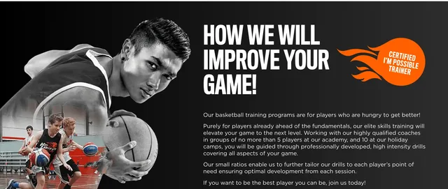 "HOW WE WILL IMPROVE YOUR GAME!" on black, a Certified I'm Possible Trainer flame badge, a black-and-white portrait of a player holding a ball beside three paragraphs on small-group elite training