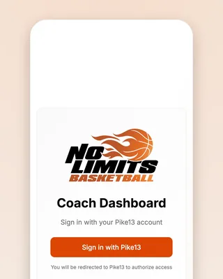 The staff portal on a phone: a white card with the No Limits logo, "Coach Dashboard — Sign in with your Pike13 account", an orange Sign in with Pike13 button, and "You will be redirected to Pike13 to authorize access"