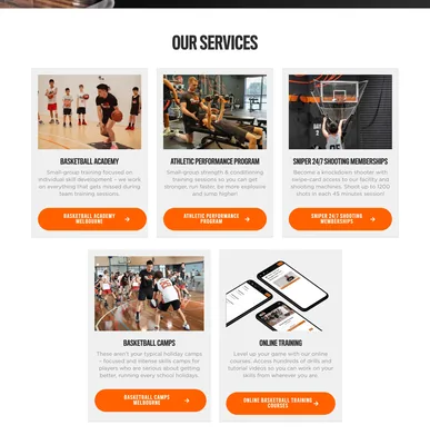 "OUR SERVICES": five cards with photographs and orange buttons — Basketball Academy, Athletic Performance Program, Sniper 24/7 Shooting Memberships, Basketball Camps, Online Training