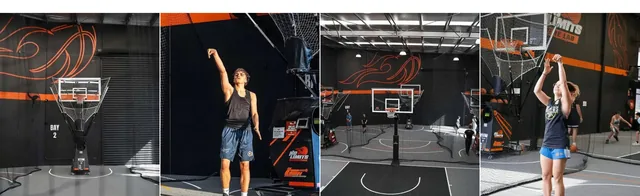 A strip of three photographs of the shooting bays: a player mid-shot in front of a Gun rebounding machine, the black-walled court with orange lines, a second shooter